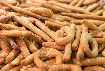 Fresh small sesame bread sticks sold at local city farmers market