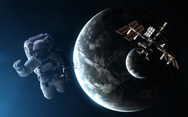 Astronaut, space station, exoplanet with moon in light of blue star. Abstract science fiction....