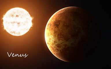 Venus against background of Sun. Solar system. Abstract science fiction. Elements of the image are...