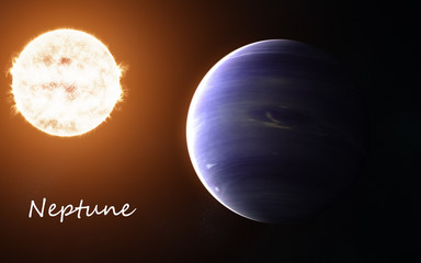 Neptune against background of Sun. Solar system. Abstract science fiction. Elements of the image are furnished by NASA