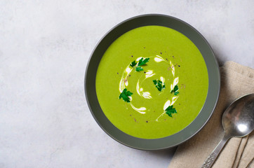 Spinach Soup in a Bowl, Top View, Vegetarian Food, Healthy Eating