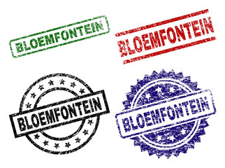 BLOEMFONTEIN seal stamps with distress texture. Black, green,red,blue vector rubber prints of BLOEMFONTEIN text with scratched texture. Rubber seals with circle, rectangle, medallion shapes.