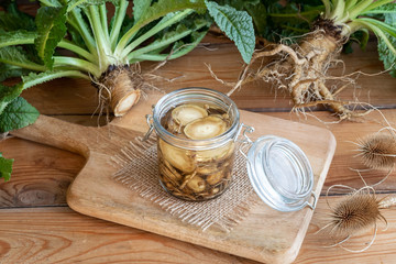 Preparation of alcohol tincture from wild teasel root in a jar