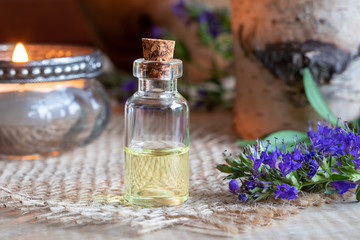 Obraz na płótnie Canvas A bottle of hyssop essential oil with fresh blooming hyssop