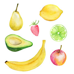 Watercolor illustration of a painting technique. Fresh organic food. Set of different fruits and berries. For the design of invitations, greeting cards, wallpapers, banners, web