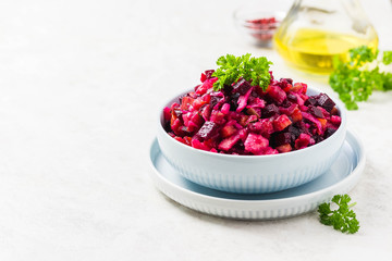 Vegetarian beetroot vinaigrette salad. Selective focus, space for text.