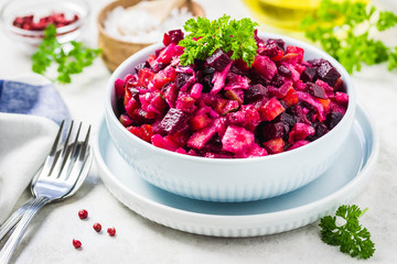 Vegetarian beetroot vinaigrette salad. Selective focus, space for text.