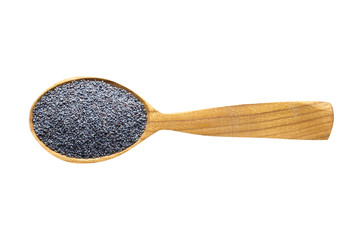 poppy seeds in wooden spoon isolated on white background. spice for cooking food, top view.