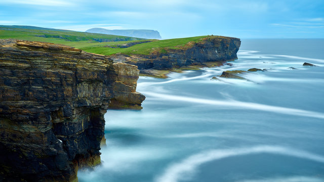 High cliff coastline in Yesnaby, Orkney islands, Scotland