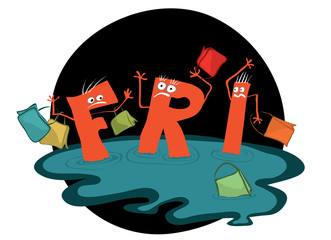 shopping in shop with poor service/ in a panic, vector letters with packages are stuck in a puddle 