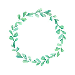 Watercolor green leaves wreath. Hand drawn