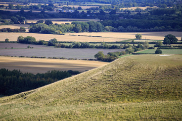 Grassy hill with flat top surrounded by farmland in English countryside