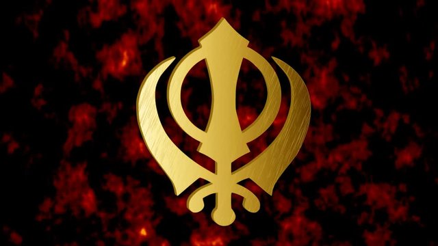 The main symbol of Sikhism – sign Khanda ( gold)  on the background of fire, video 4K
