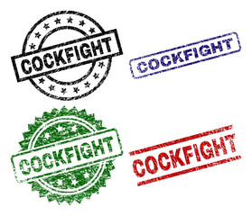COCKFIGHT seal prints with corroded surface. Black, green,red,blue vector rubber prints of COCKFIGHT label with corroded surface. Rubber seals with round, rectangle, medallion shapes.