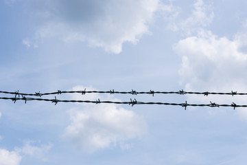 Barbed wire against cloudy blue sky - freedom, security, prison -  isolated design element