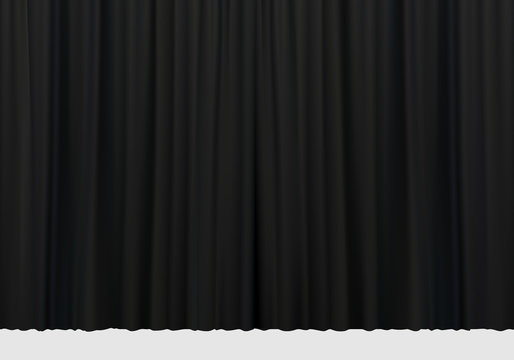 Closed black curtains with folds background. Theatrical drapes