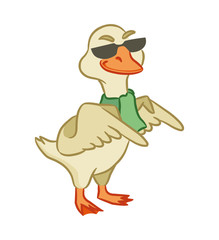 Cheerful goose in a green scarf on a white background