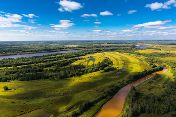 Vasyugan swamp from aerial view. The biggest swamp in the World. Taiga forest. Oil and peat deposits. Tomsk region, Siberia, Russia