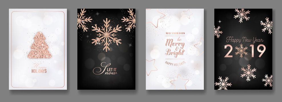 Set of Elegant Merry Christmas and New Year 2019 Cards with Shining Rose Gold Glitter Christmas Balls, Stars, Snowflakes for greetings, invitation, flyer, brochure, cover in vector