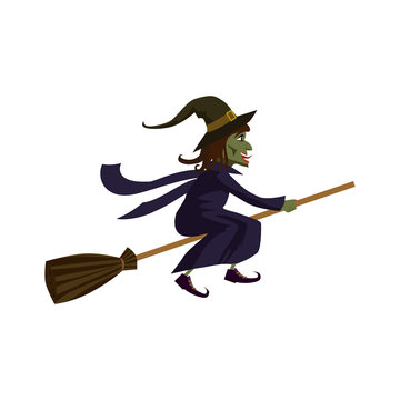 The Witch on a broomstick, holiday Halloween, character, attribute, icon, vector, illustration, isolated, cartoon styyle