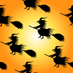 Obraz premium Witch silhouette seamless pattern. Halloween background for web design, paper, cover, poster, advertising materials, print.