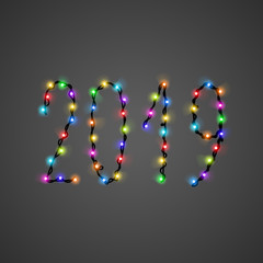 Vector 2019 text from bright shiny colorful christmas lights. Glowing garland digits collection for holiday, birthday design, greeting cards, party invitation. New year text.