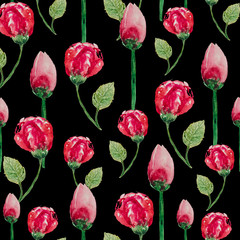 Watercolor seamless pattern of flowers and buds of roses on stems with leaves, on black background