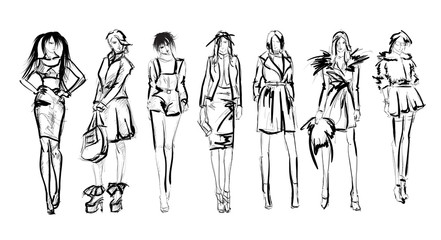 Sketch. Fashion Girls on a white background. Vector illustration.