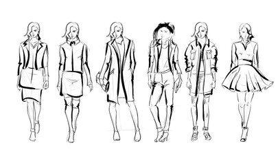 Sketch. Fashion Girls on a white background. Vector illustration.