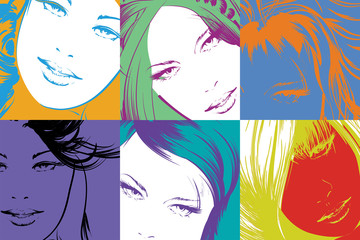 Pop art illustration. Lovely woman faces on a multicolored background. Fashion girls in the pop art style.