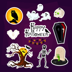 Abstract halloween stickers for girls,boys, children, happy hallowen. Creative halloween badge with coffin, ghost, spook, skeleton, grave, tree. Funny wallpaper for textile and fabric. Fashion badge