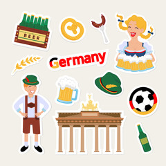 Fashion german patch badge with berlin beer, oktoberfest, football, german hat, girl, sausages, berlin travel and other. Very large set of girlish and boyish stickers, travel berlin patches in cartoon