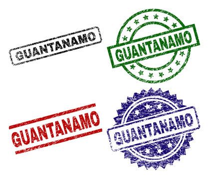 GUANTANAMO seal prints with damaged style. Black, green,red,blue vector rubber prints of GUANTANAMO title with unclean style. Rubber seals with circle, rectangle, rosette shapes.