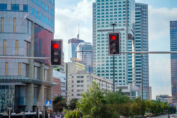 Traffic lights for vehicles and bicycles in the street of Warsaw city