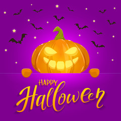 Banner with Happy Pumpkin on purple Halloween Background