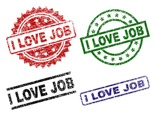 I LOVE JOB seal prints with damaged texture. Black, green,red,blue vector rubber prints of I LOVE JOB caption with grunge style. Rubber seals with circle, rectangle, rosette shapes.