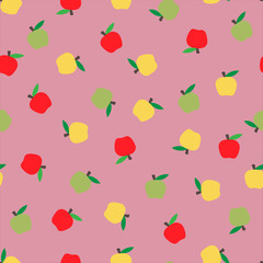 delicate pink pastel seamless background with colored autumn apples. Autumnal seasonal background, school. beautiful girlish background