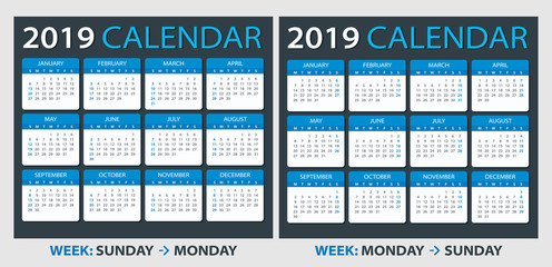 Calendar 2019 - Week starts: on Sunday, Week starts on Monday