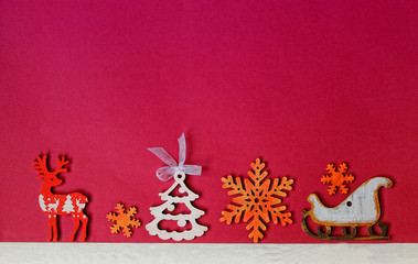 Christmas and New Year card /  figures of deers, snowflakes,christmas tree,sledge,bullfinches