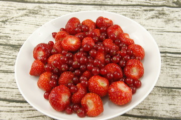 Fraises et groseilles sur une assiette