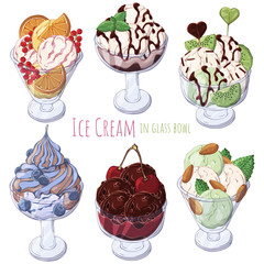 Group of vector colorful illustrations on the sweets theme; set of different kinds of ice-cream in bowls decorated with berries, chocolate or nuts. Pictures contain realistic shadows and glare.