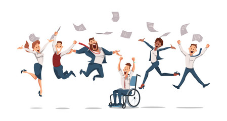 Happy Office Workers Jumping. Vector Illustration.