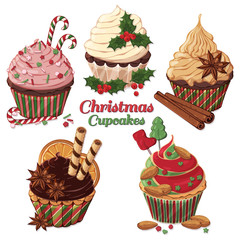 Group of vector colorful illustrations on the Christmas sweets theme; set of different kinds of cupcakes decorated with Christmas candies, fruits and nuts. Pictures contain shadows and glare.