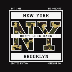 New York t-shirt design with camouflage texture. Brooklyn, NY typography graphics for tee shirt with slogan. Apparel print in military and army style. Vector illustration.