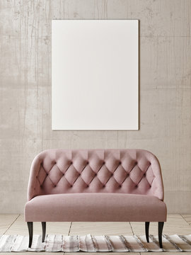 Mock up poster with rose sofa in empty room, 3d render, 3d illustration