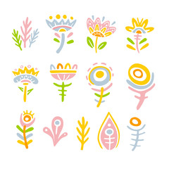 Set of fantasy fairy tale colorful flowers on white background. Child drawing, unusual fairy plants and flowers.