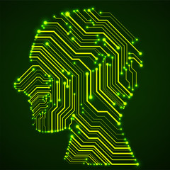 Abstract neon human head with circuit board. Vector