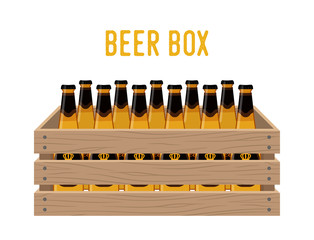 Vector cartoon box with beer bottles. Grocery basket with alcohol drink