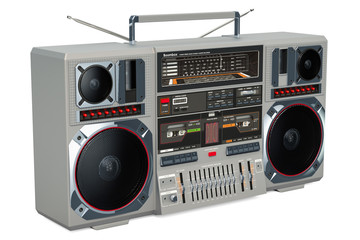 Retro Boombox 1980s on the wooden table, 3D rendering