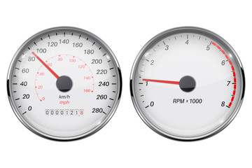 Speedometer and tachometer. White gauge set with metal frame